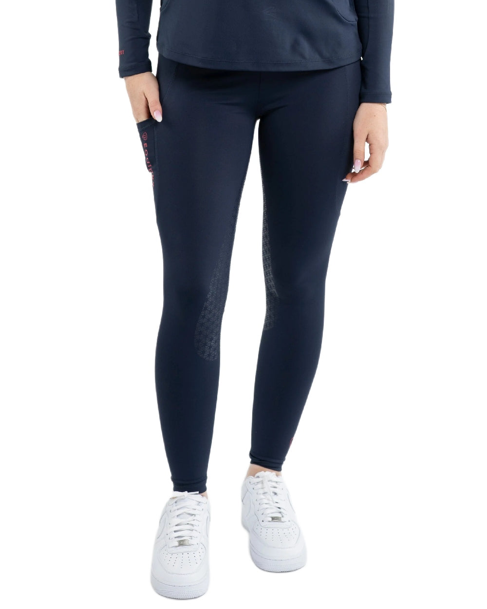 Navy Raspberry Coloured Equidry Womens Water Repellent Full Seat Leggings on white background 