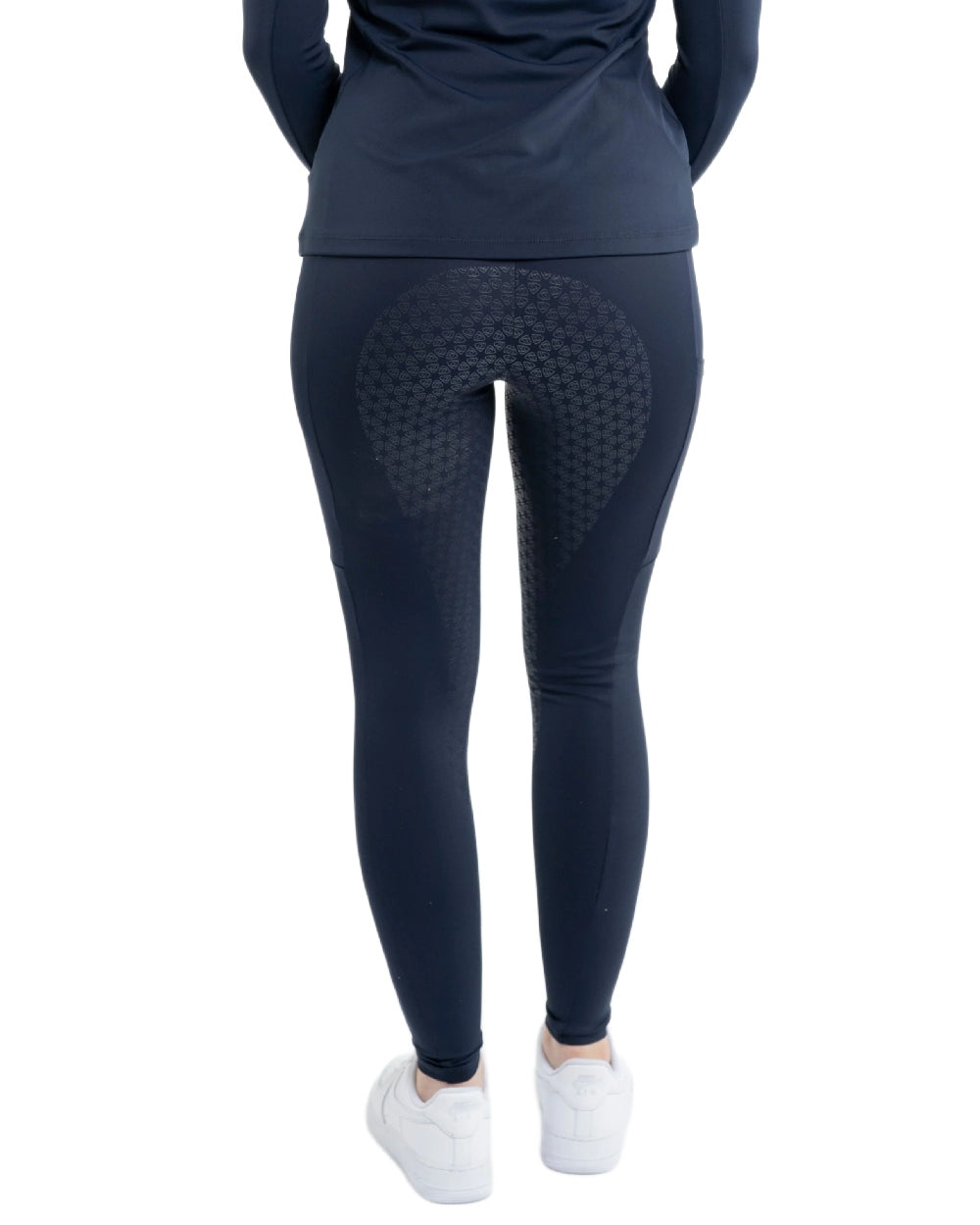 Navy Raspberry Coloured Equidry Womens Water Repellent Full Seat Leggings on white background 