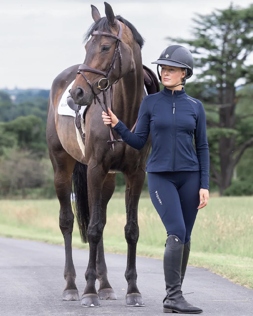 Navy White Coloured Equidry Womens Water Repellent Full Seat Leggings on outdoor background 