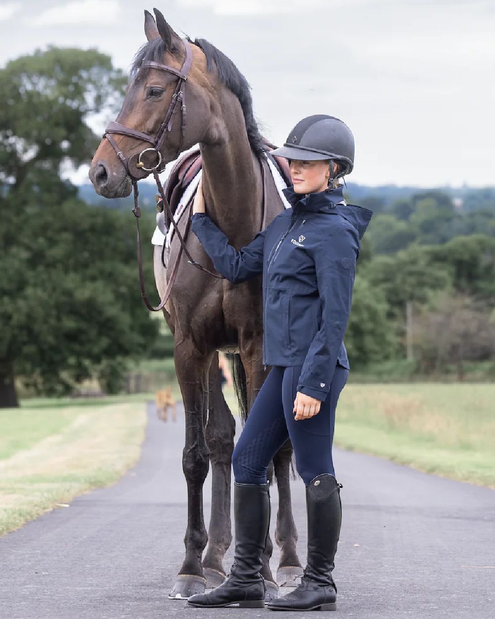 Navy White Coloured Equidry Womens Water Repellent Full Seat Leggings on outdoor background 