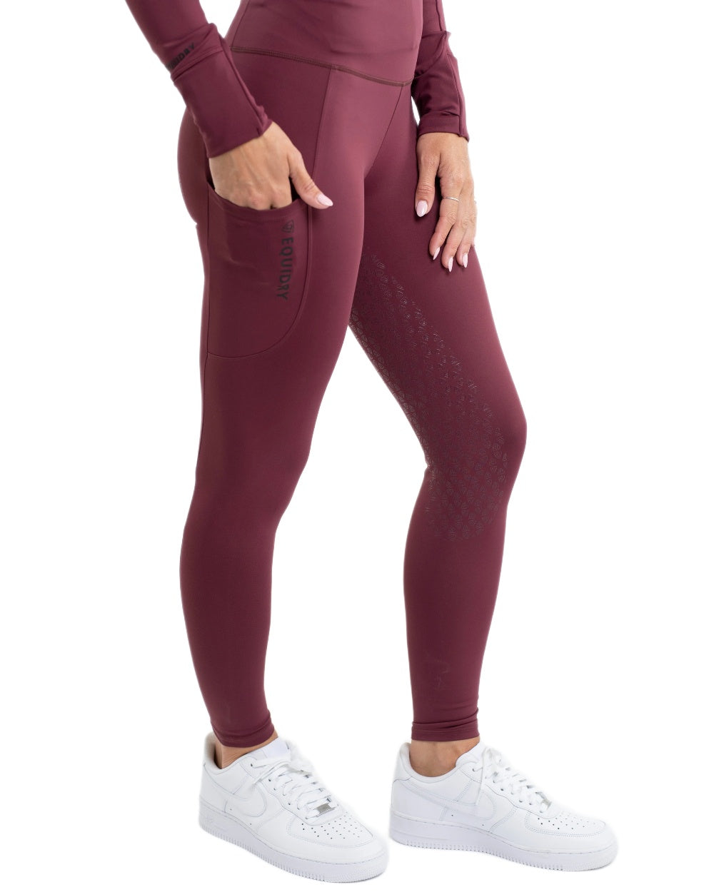 Plum Black Coloured Equidry Womens Water Repellent Full Seat Leggings on white background 
