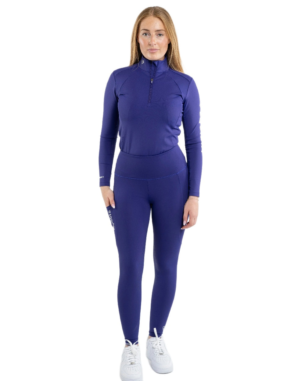 Purple White Coloured Equidry Womens Water Repellent Full Seat Leggings on white background 