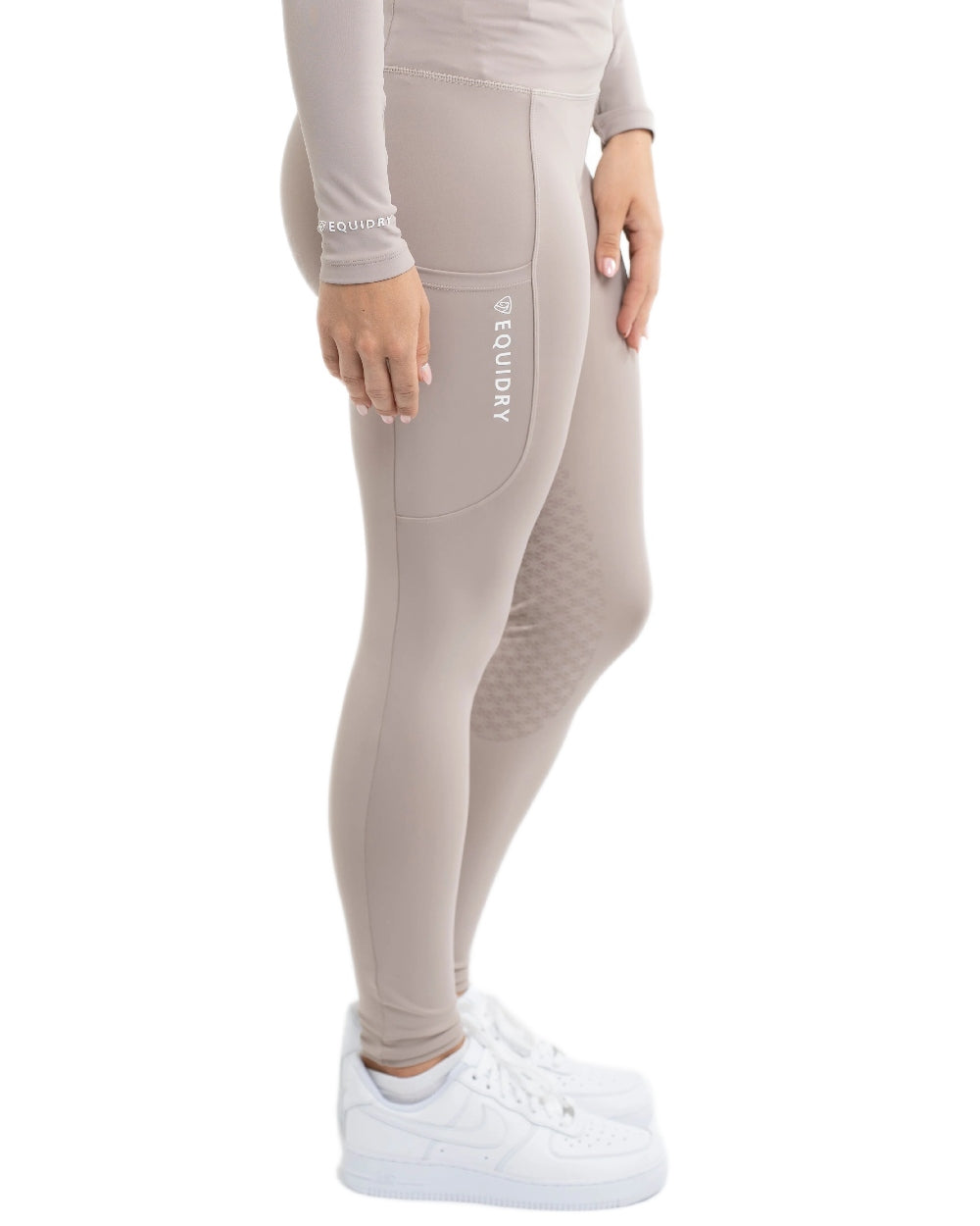 Sand White Coloured Equidry Womens Water Repellent Full Seat Leggings on white background 