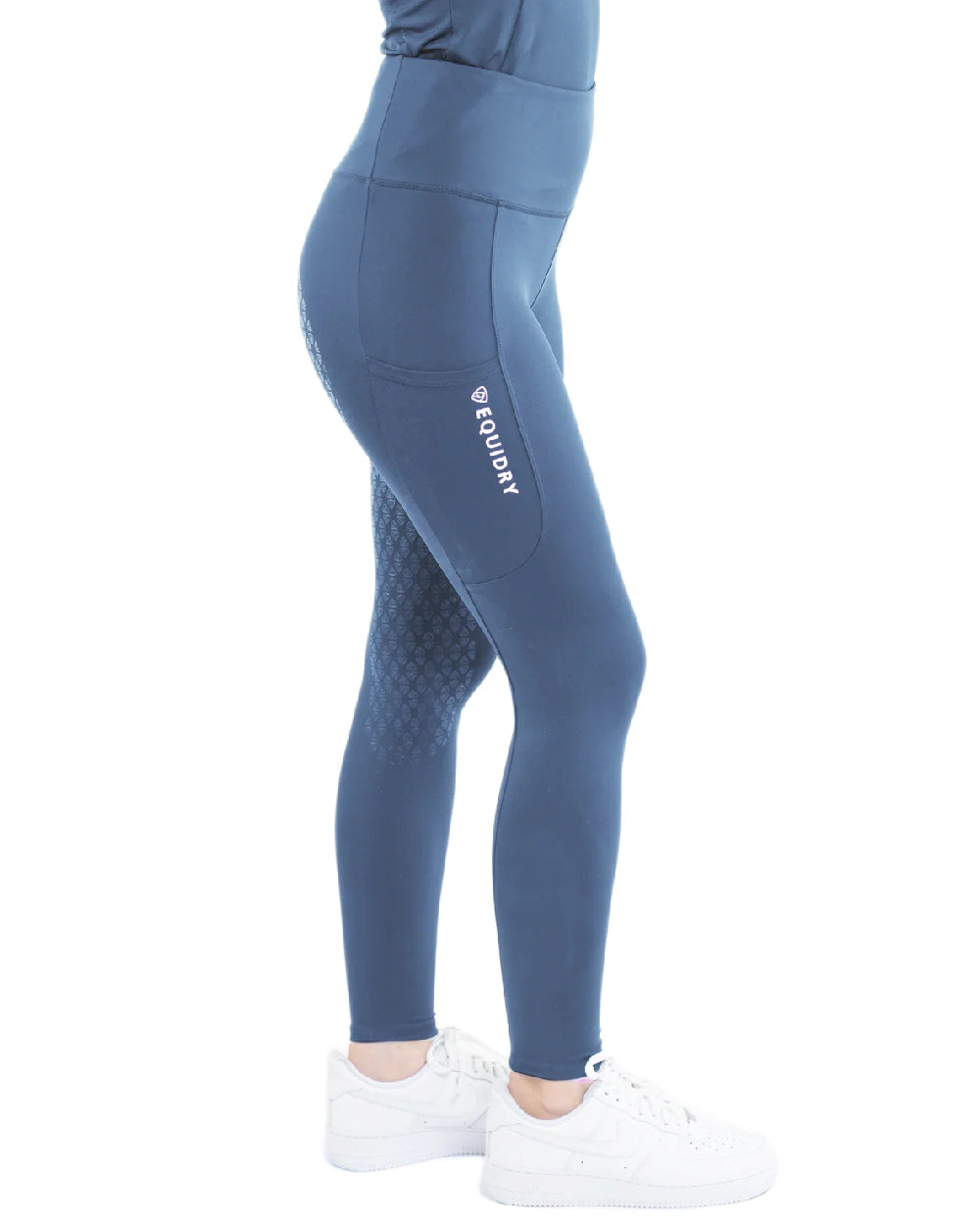 Steel Blue Silver Coloured Equidry Womens Water Repellent Full Seat Leggings on white background 