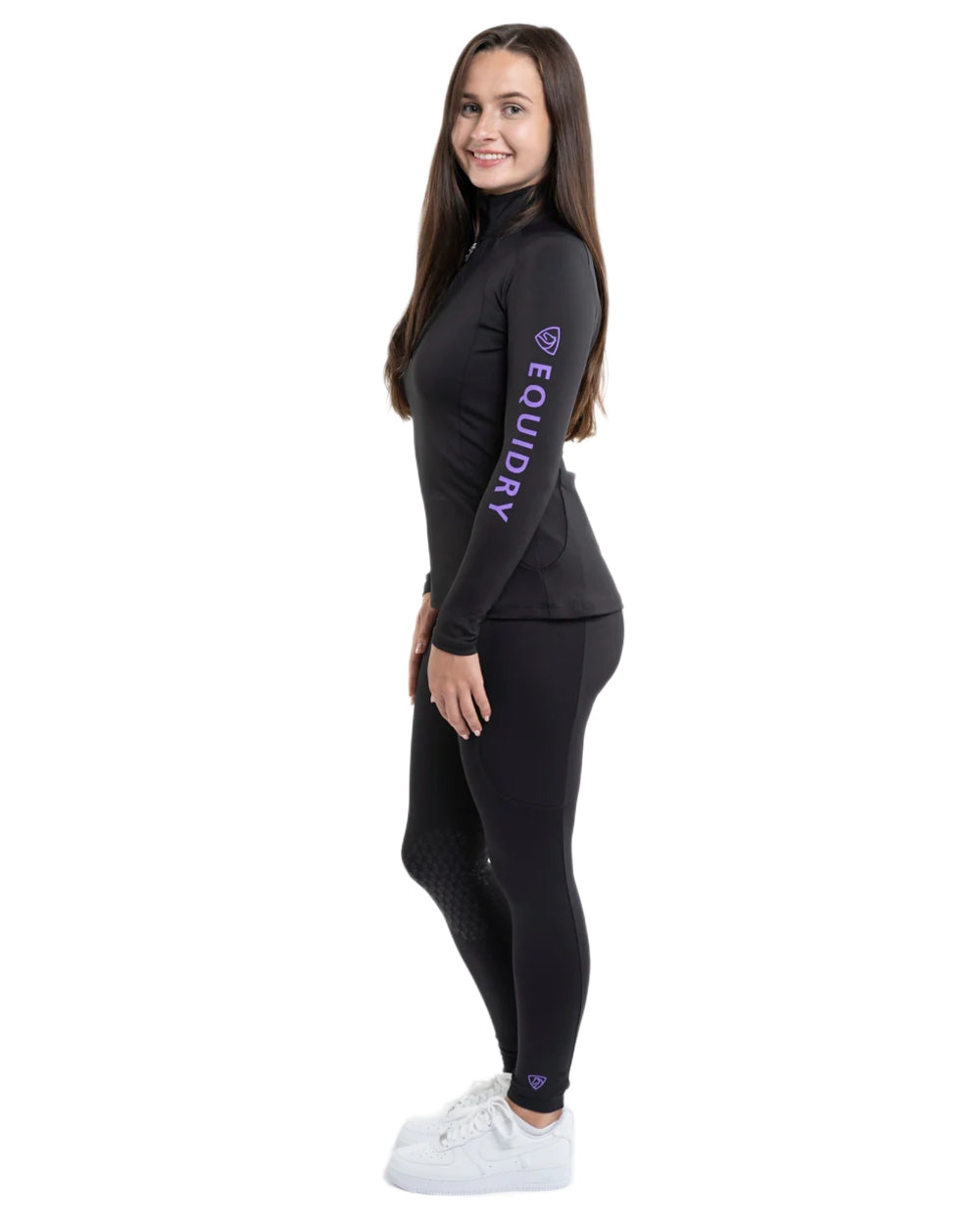 Black Lilac coloured Equidry Womens Water Repellent Leggings on white background 