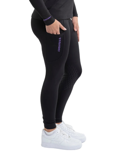 Black Lilac coloured Equidry Womens Water Repellent Leggings on white background 