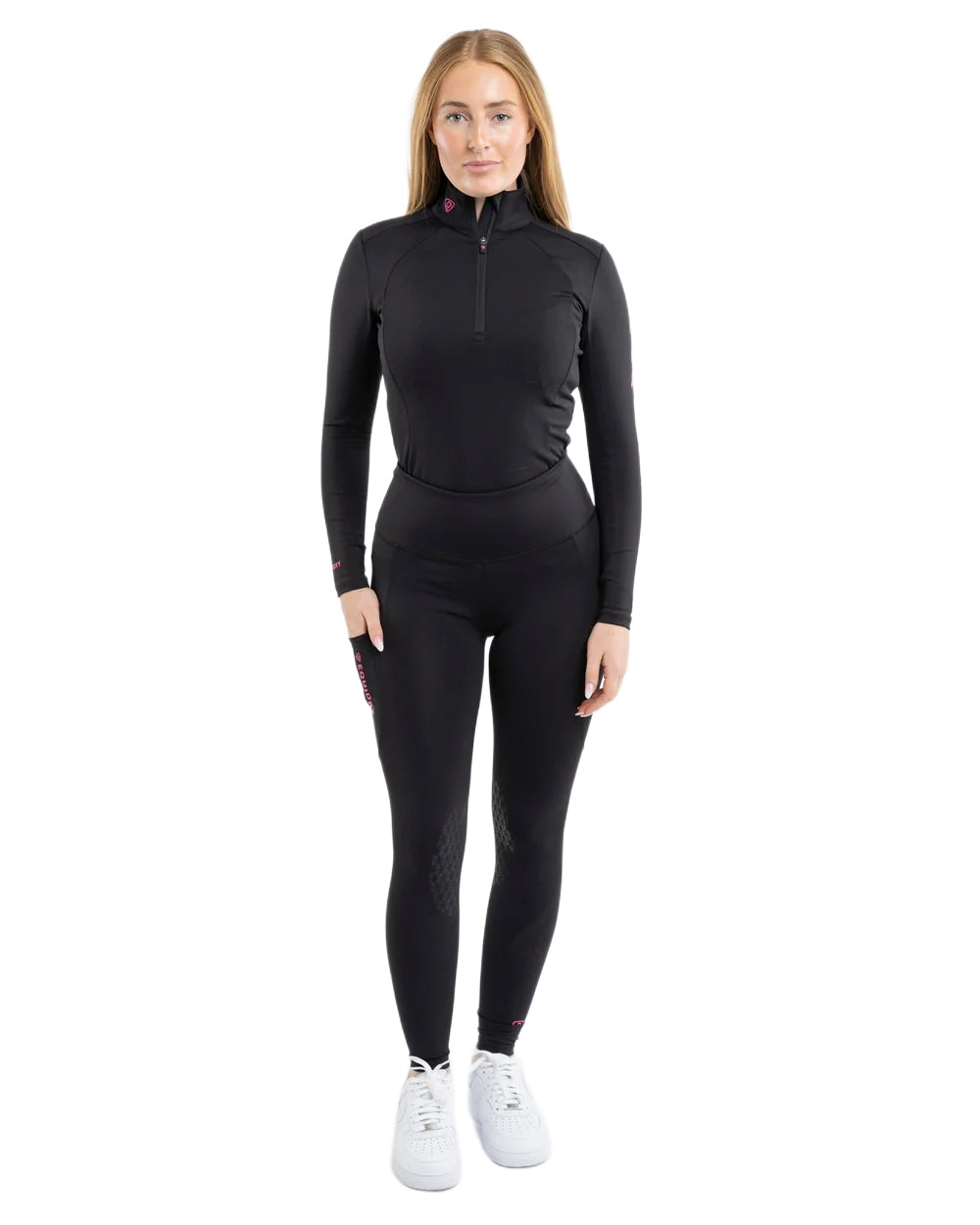 Black Peacock Pink coloured Equidry Womens Water Repellent Leggings on white background 