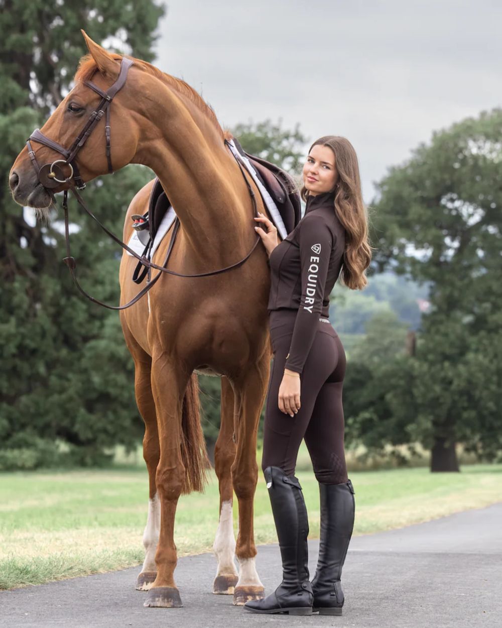 Brown White coloured Equidry Womens Water Repellent Leggings on outdoor background 