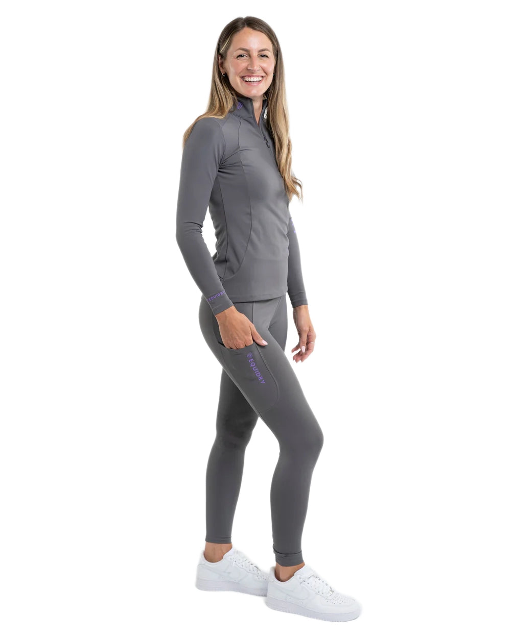 Grey Lilac coloured Equidry Womens Water Repellent Leggings on white background 