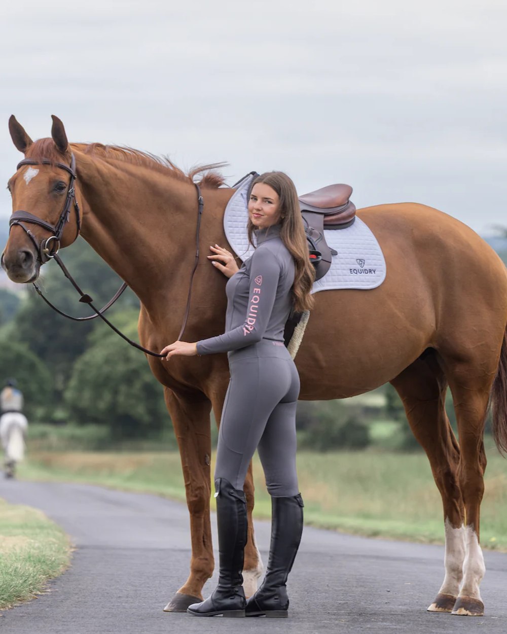 Grey Pale Pink coloured Equidry Womens Water Repellent Leggings on outdoor background 