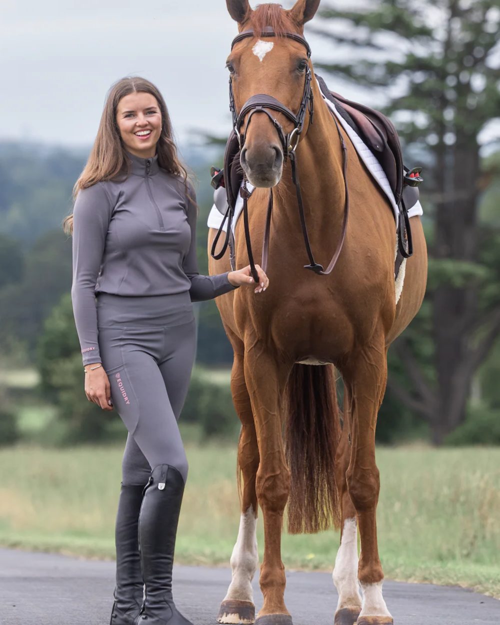 Grey Pale Pink coloured Equidry Womens Water Repellent Leggings on outdoor background 