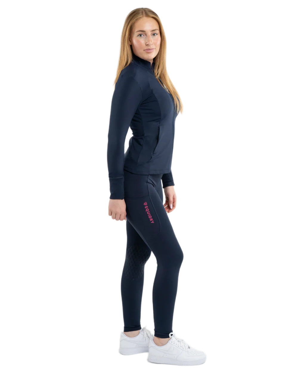 Navy Raspberry coloured Equidry Womens Water Repellent Leggings on white background 