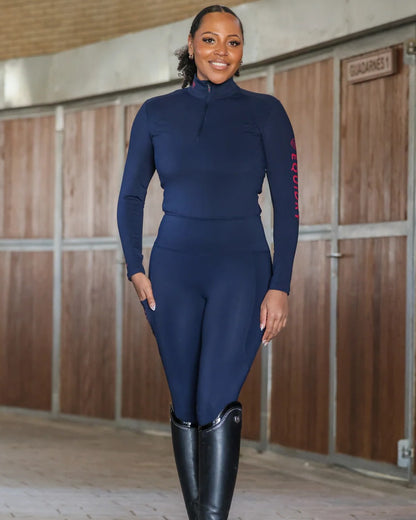 Navy Raspberry coloured Equidry Womens Water Repellent Leggings on outdoor background 