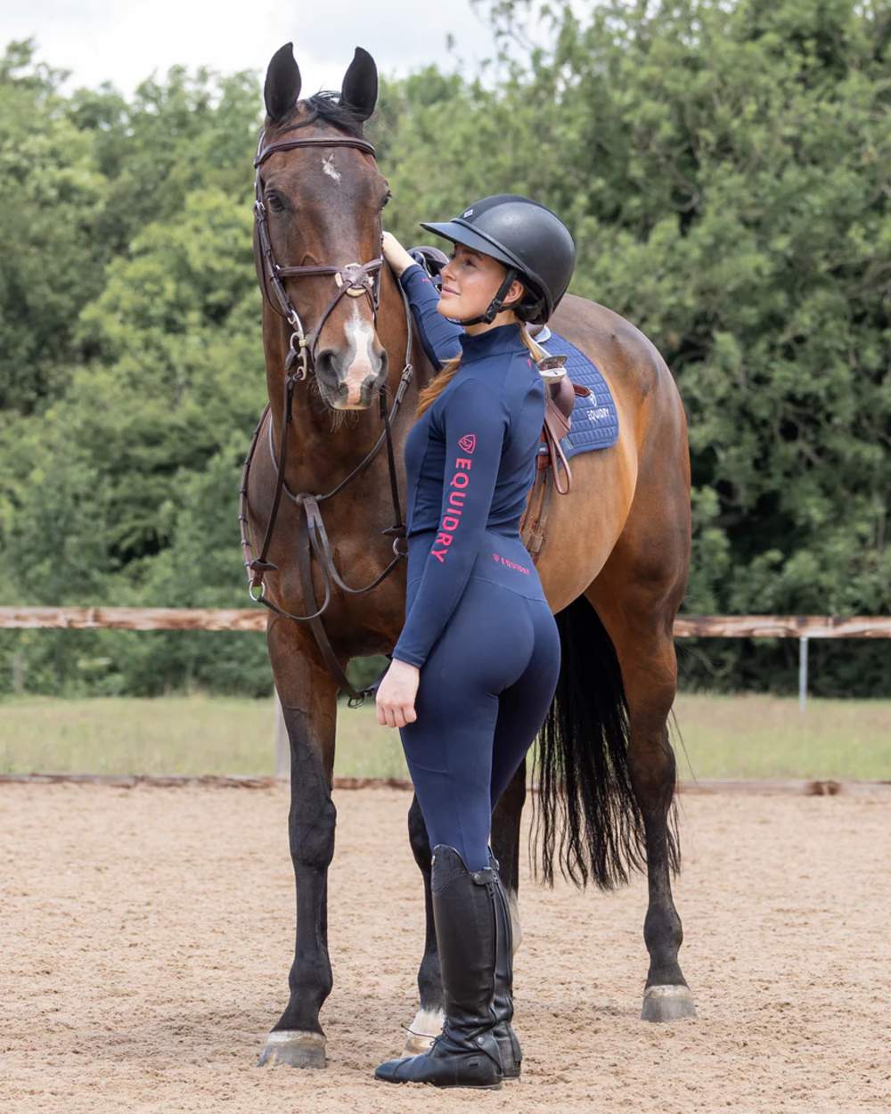 Navy Raspberry coloured Equidry Womens Water Repellent Leggings on outdoor background 