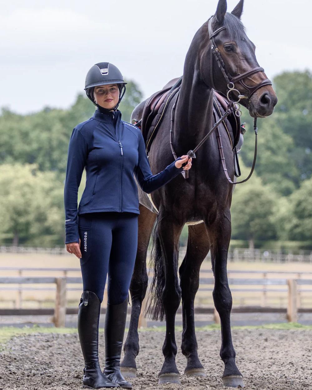 Navy White coloured Equidry Womens Water Repellent Leggings on outdoor background 