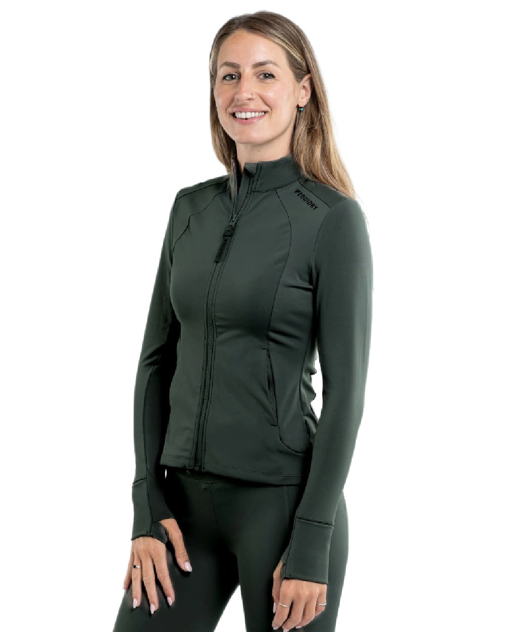 Black Forest Green Black Coloured Equidry Womens Water Repellent Zip Up Top on outdoor background 