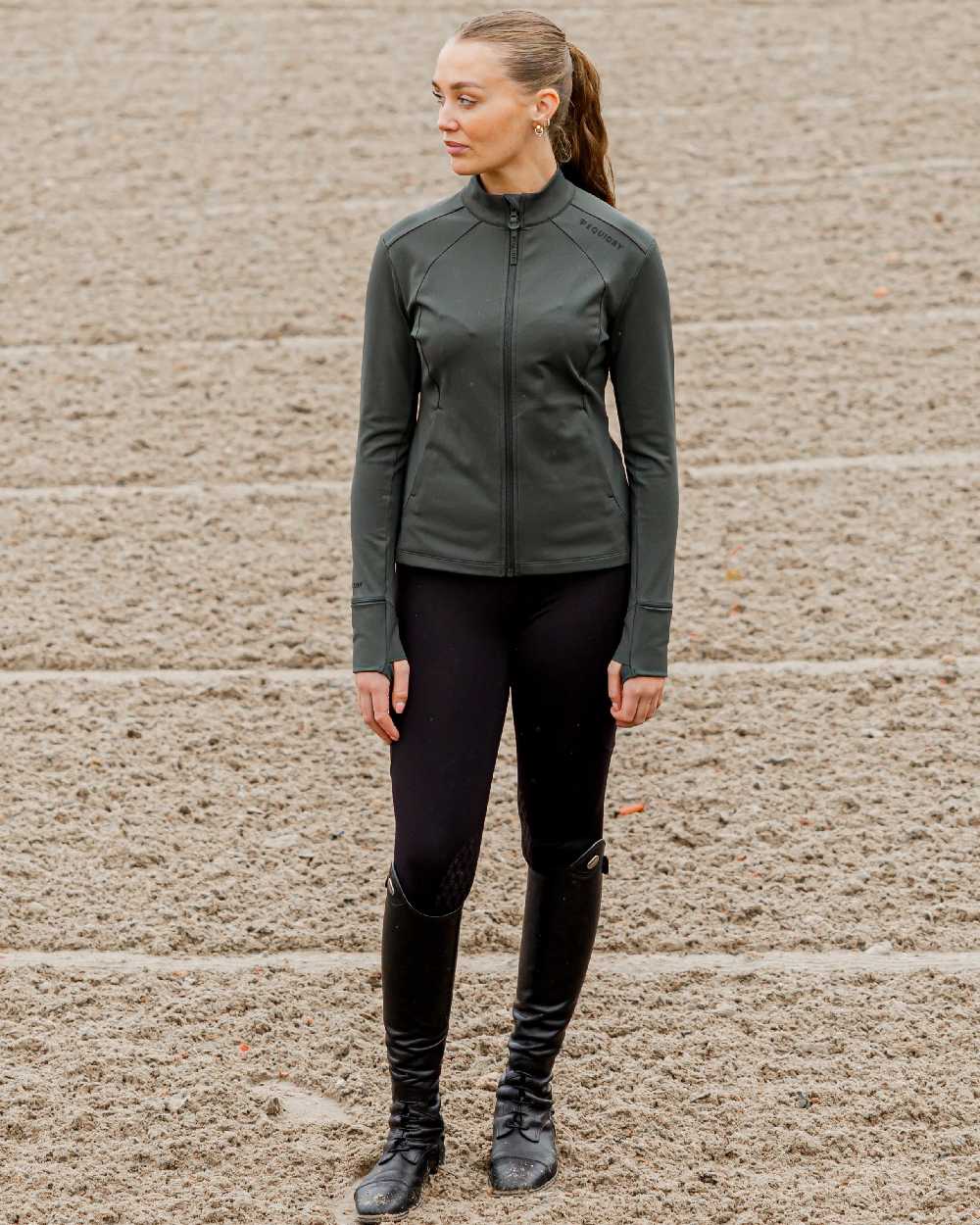 Black Forest Green Black Coloured Equidry Womens Water Repellent Zip Up Top on outdoor background 