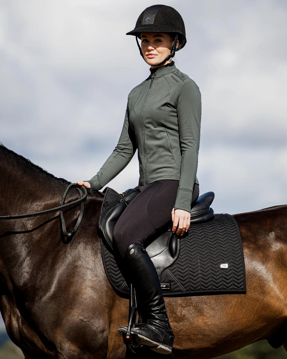 Black Forest Green Black Coloured Equidry Womens Water Repellent Zip Up Top on outdoor background 