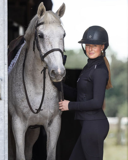 Black White Coloured Equidry Womens Water Repellent Zip Up Top on outdoor background 