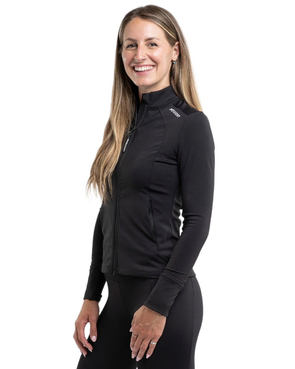 Black White Coloured Equidry Womens Water Repellent Zip Up Top on white background 