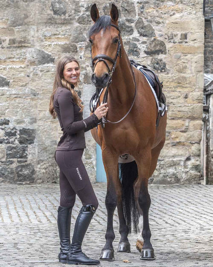 Brown White Coloured Equidry Womens Water Repellent Zip Up Top on outdoor background 