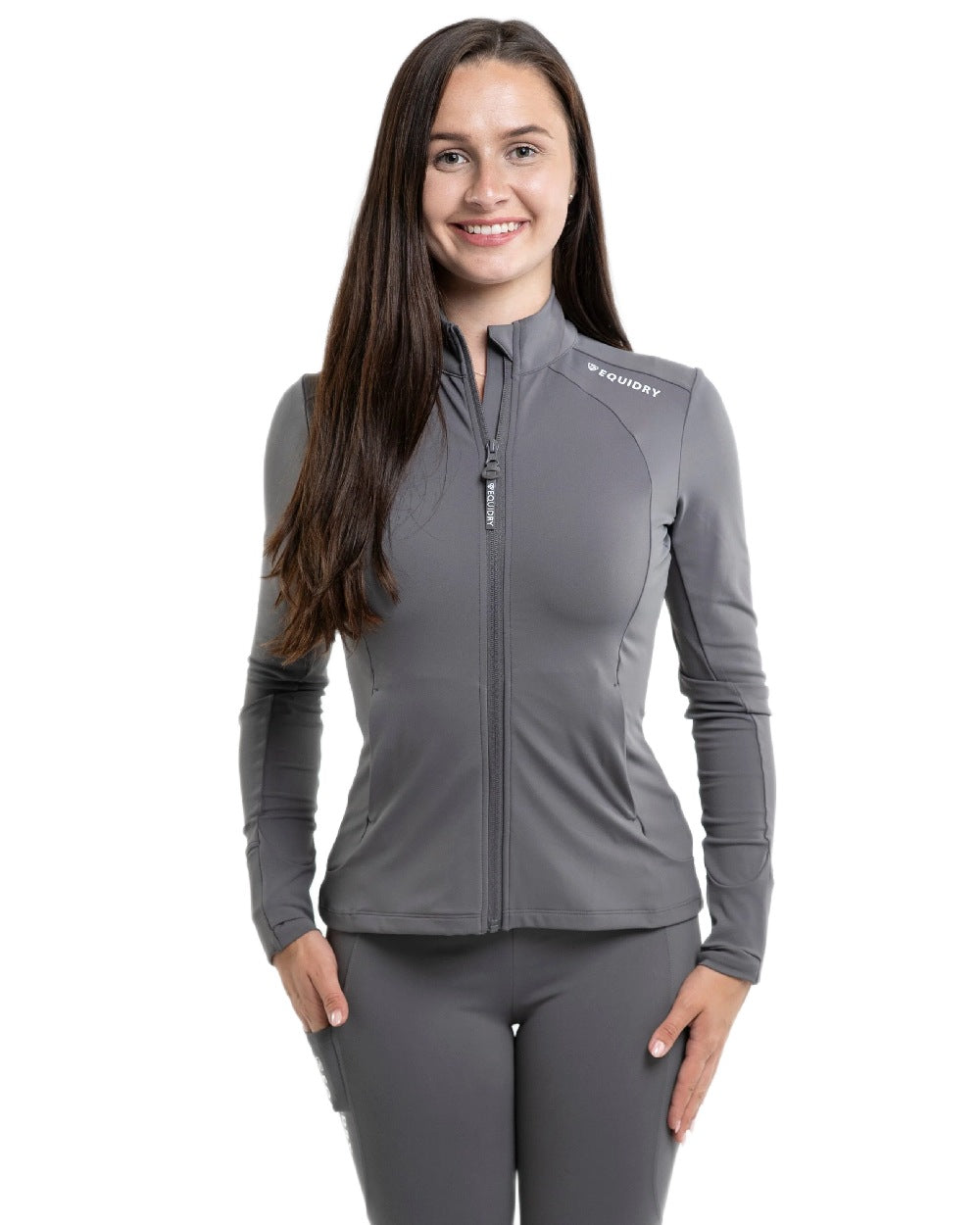 Grey White Coloured Equidry Womens Water Repellent Zip Up Top on white background 