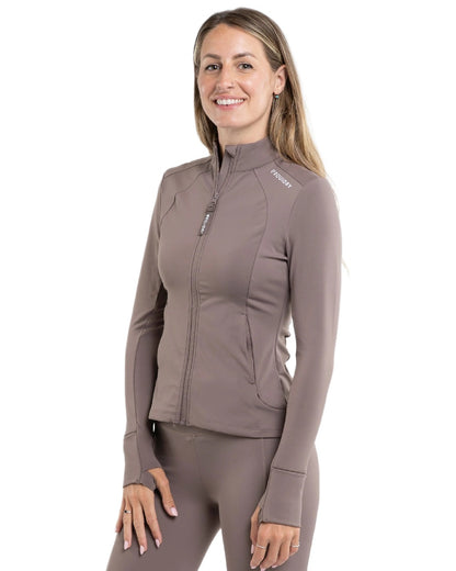 Mocha White Coloured Equidry Womens Water Repellent Zip Up Top on white background 