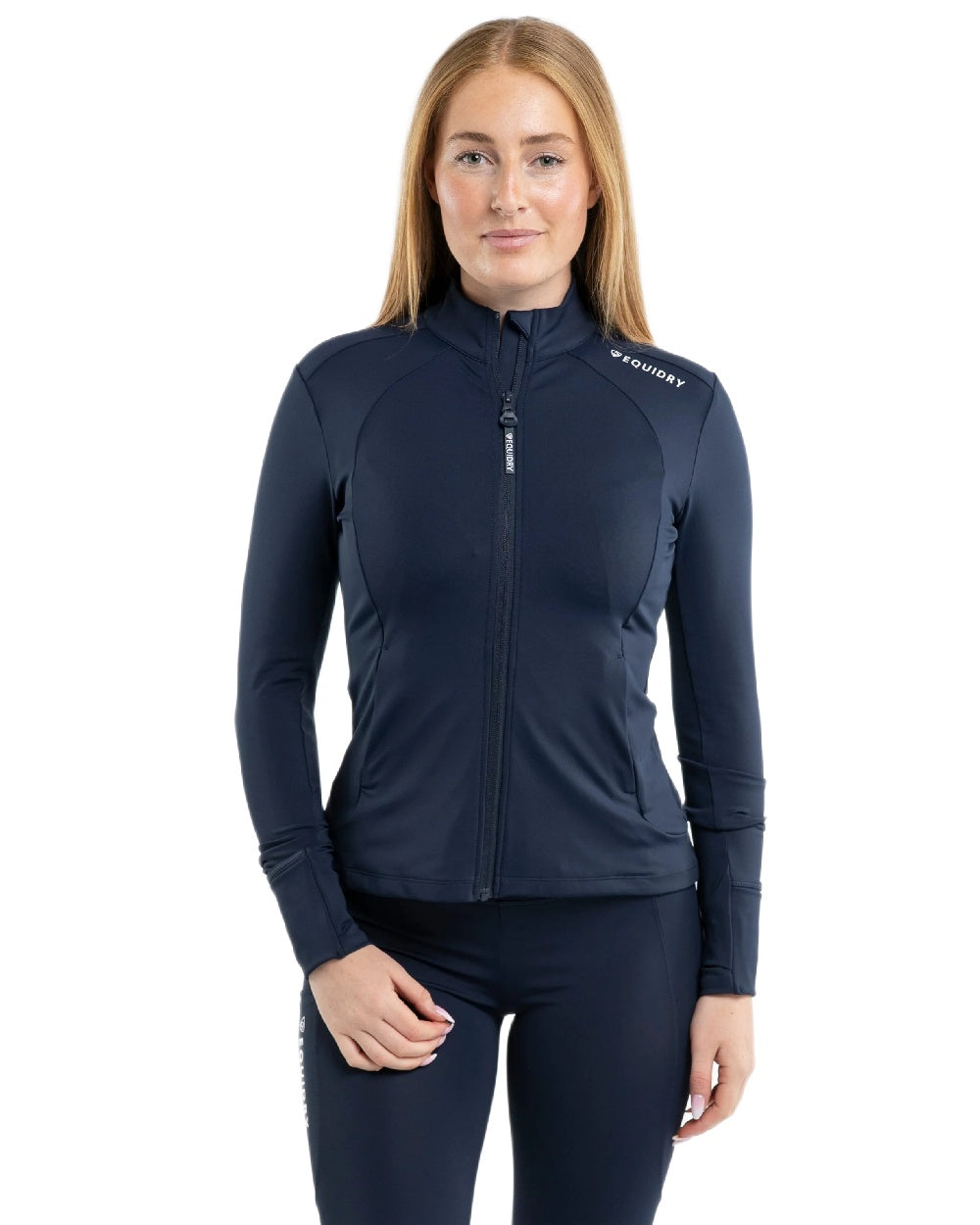 Navy White Coloured Equidry Womens Water Repellent Zip Up Top on white background 