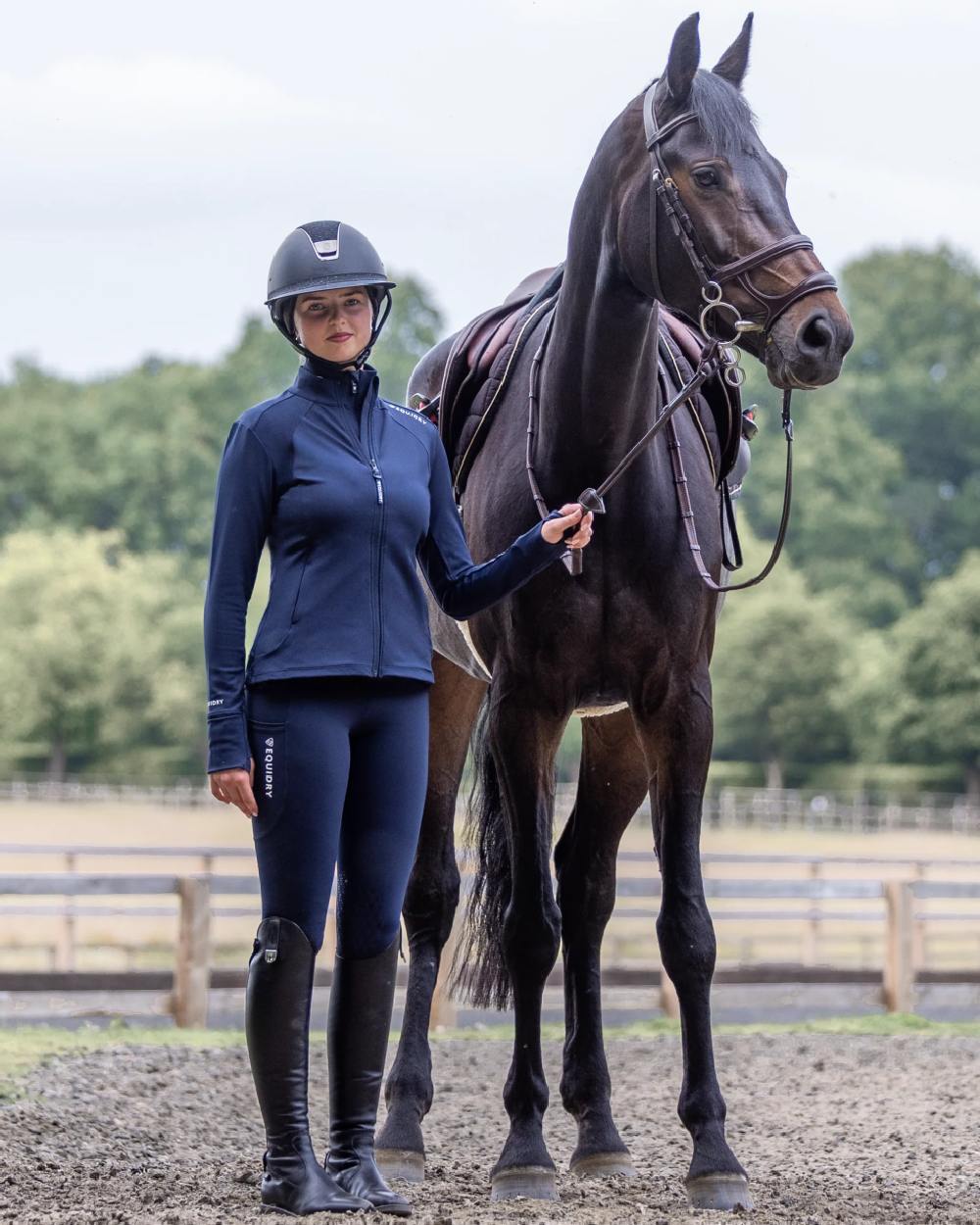 Navy White Coloured Equidry Womens Water Repellent Zip Up Top on outdoor background 