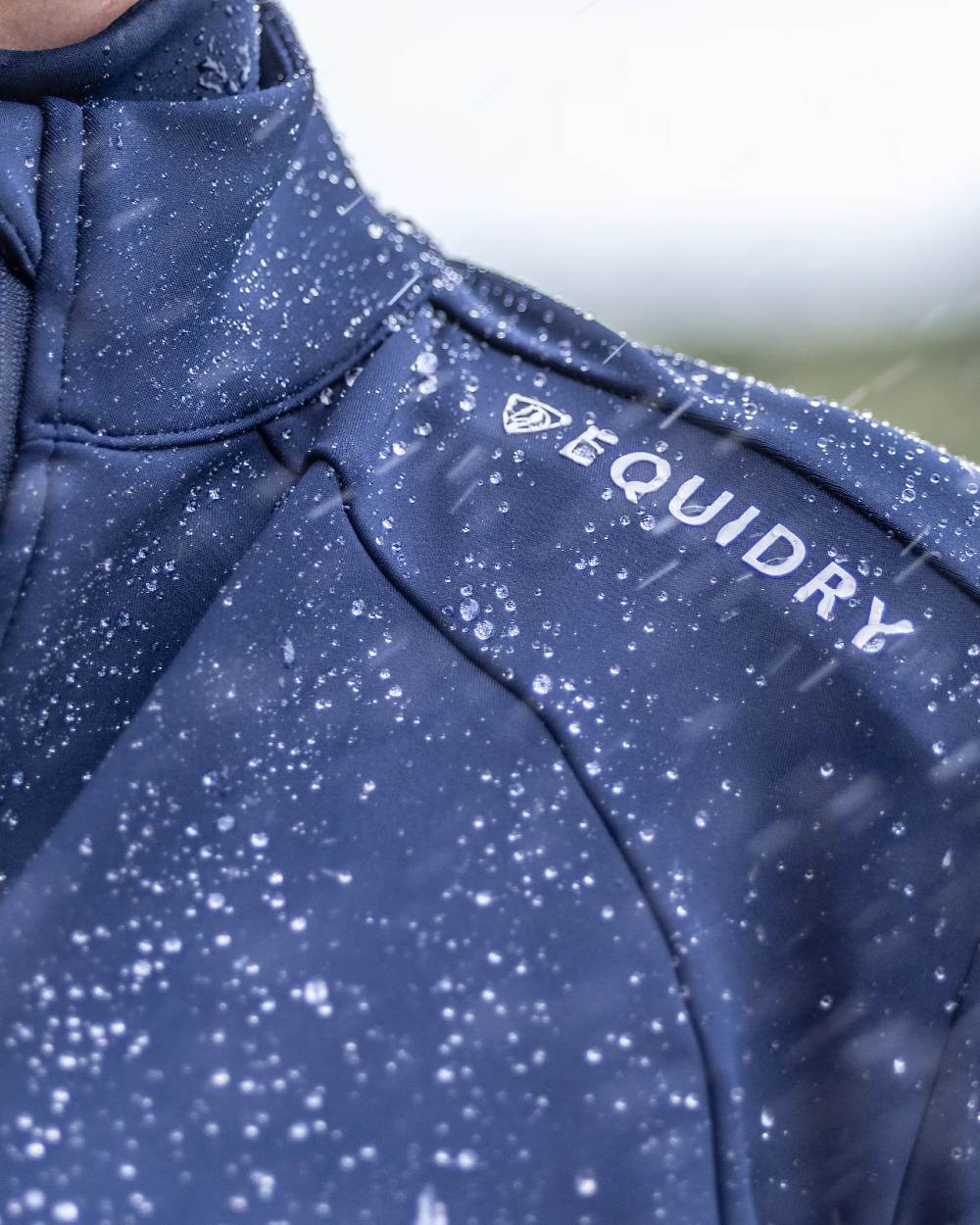 Navy White Coloured Equidry Womens Water Repellent Zip Up Top on outdoor background 