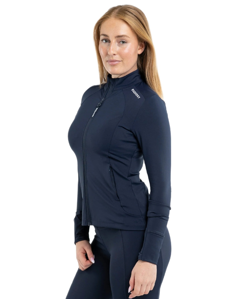 Navy White Coloured Equidry Womens Water Repellent Zip Up Top on white background 