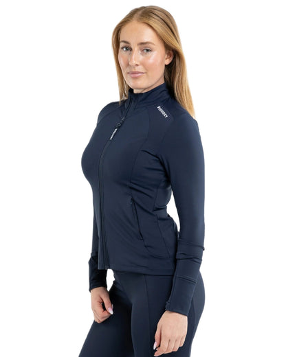 Navy White Coloured Equidry Womens Water Repellent Zip Up Top on white background 