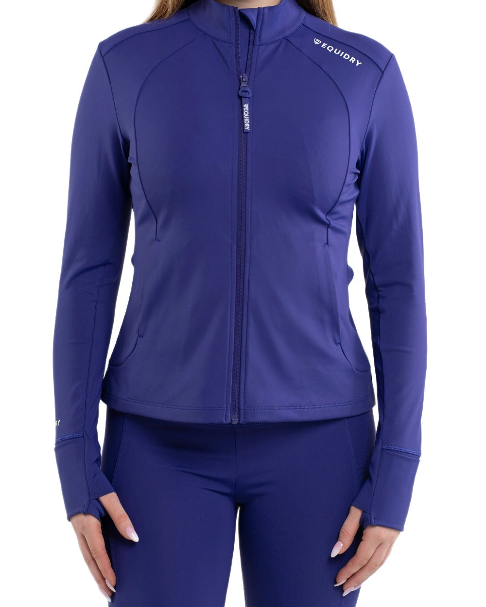 Purple White Coloured Equidry Womens Water Repellent Zip Up Top on white background 