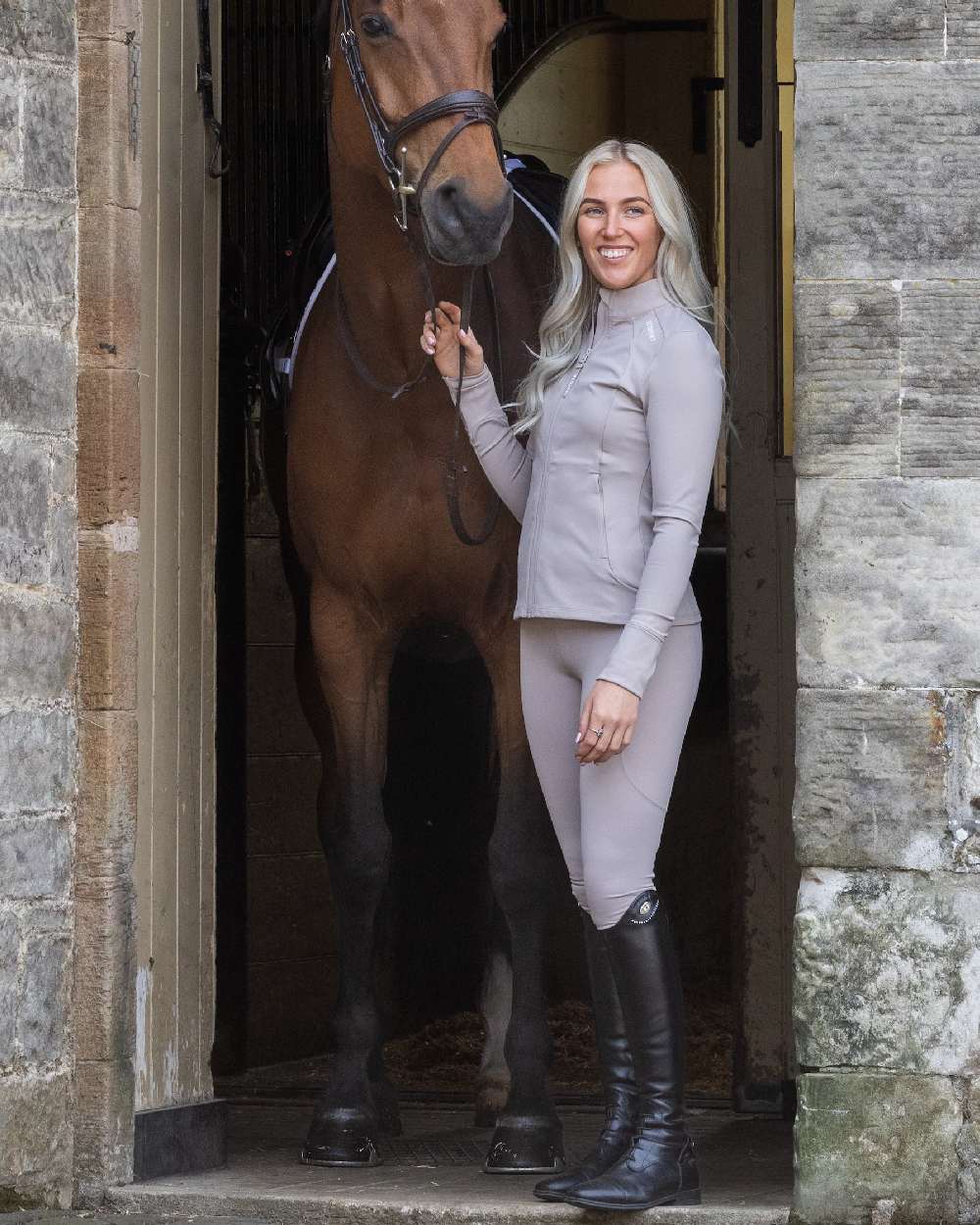 Sand White Coloured Equidry Womens Water Repellent Zip Up Top on outdoor background 