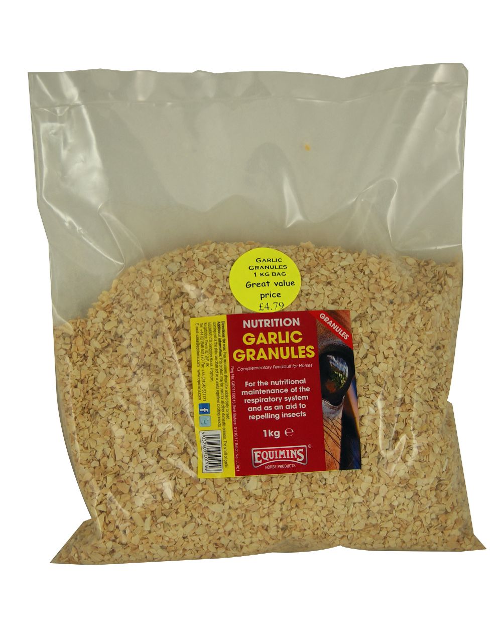 Equimins Garlic Granules 1kg Refill Bag on white background