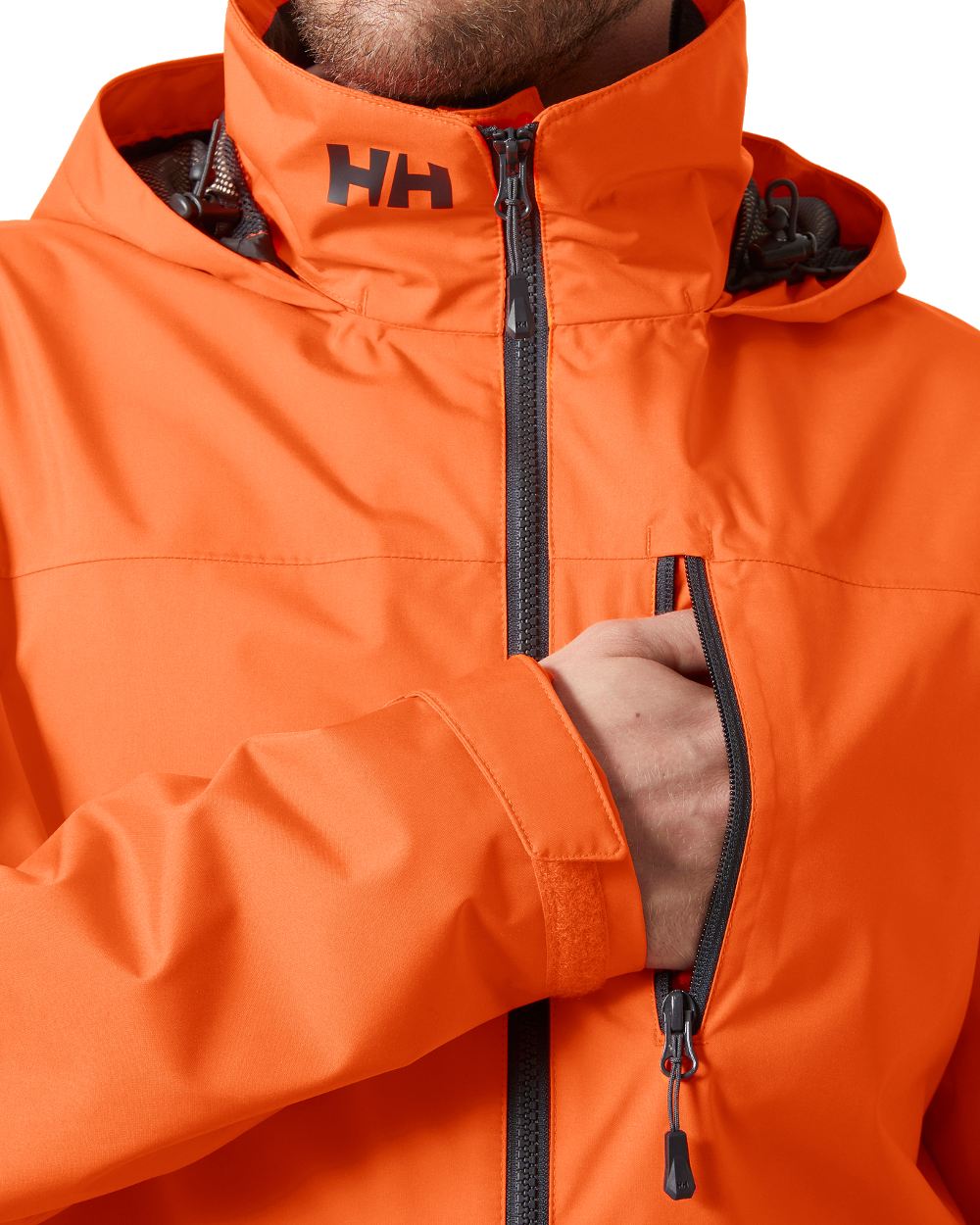 Flame coloured Helly Hansen Mens Crew Hooded Jacket 2.0 on white background 