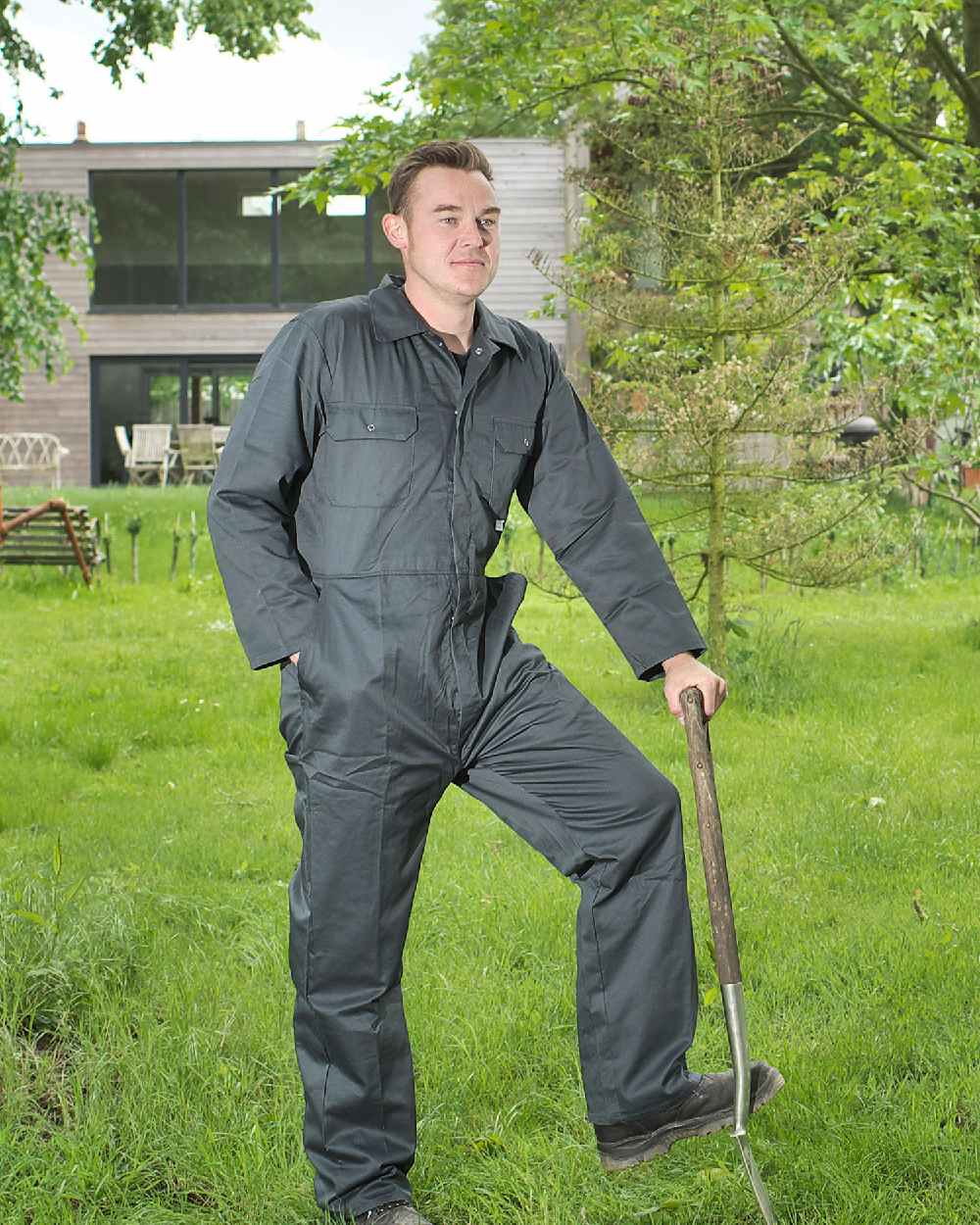 Gardener wearing Fort Stud Front Boilersuit in Spruce 