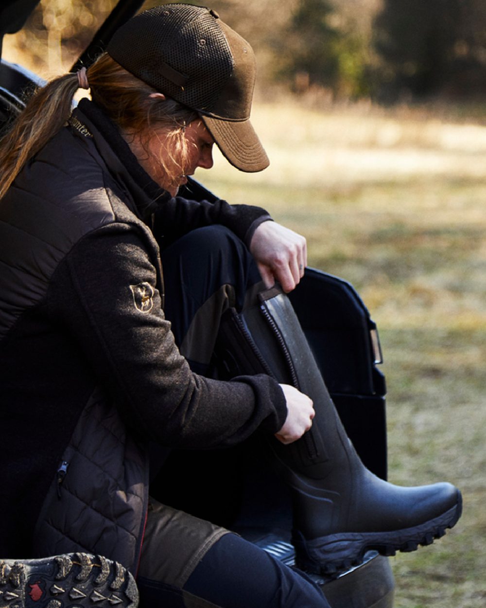 Dark Brown Coloured Gateway1 Moor Country Lady 17" 3mm Side-Zip Wellingtons on outdoor background 