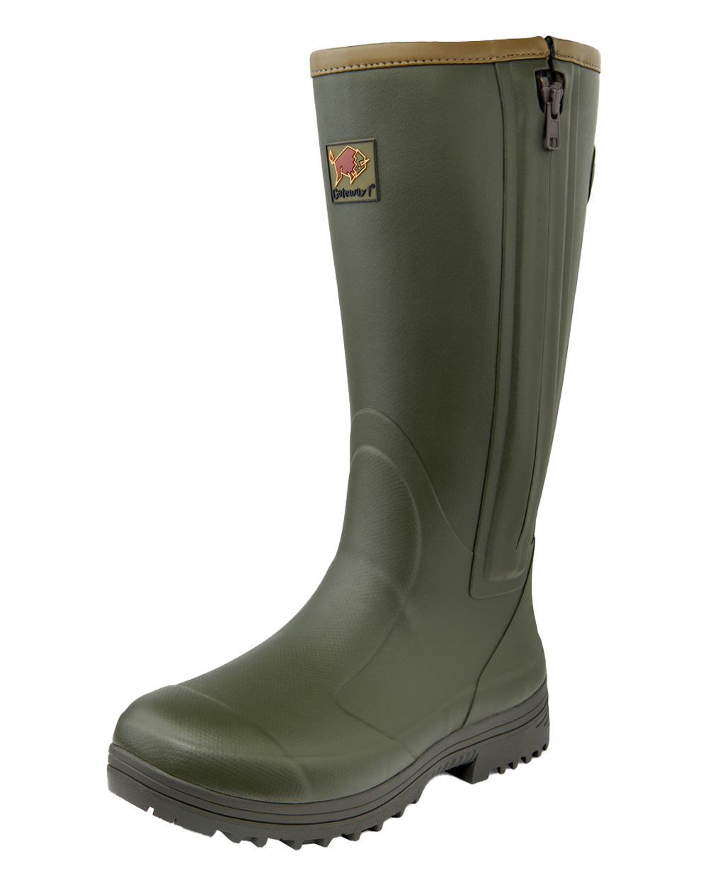 Dark Olive coloured Gateway1 Pheasant Game 18" 5mm Side-Zip Wellingtons on White background 