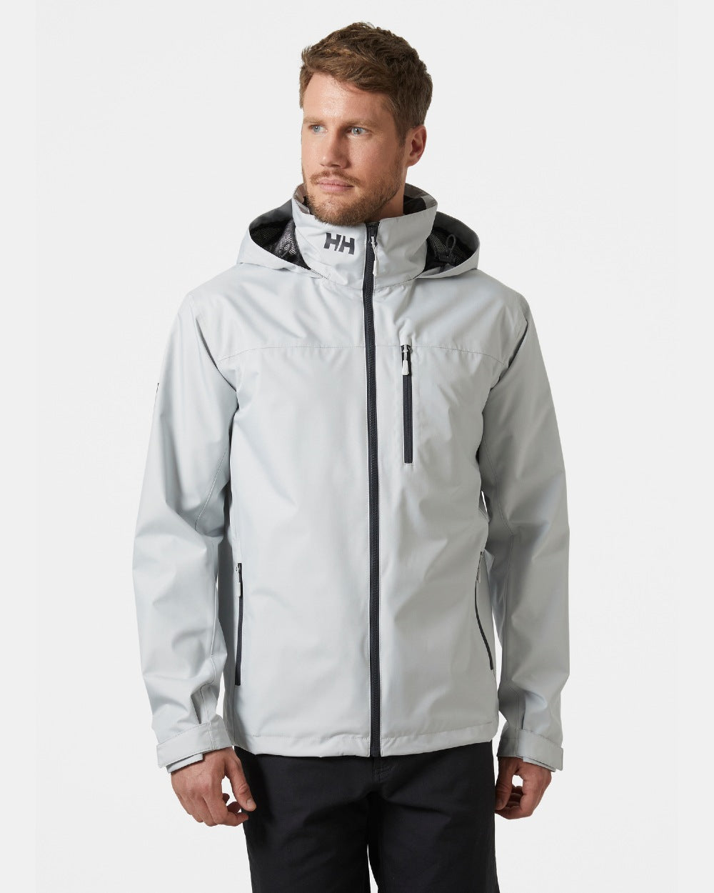 Grey Fog coloured Helly Hansen Mens Crew Hooded Jacket 2.0 on grey background 