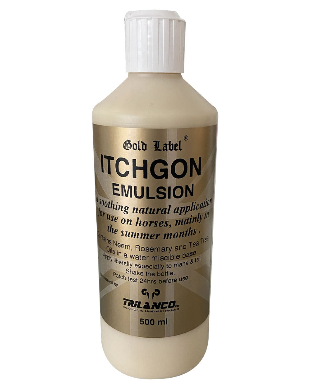 Gold Label Itchgon Emulsion On A White Background