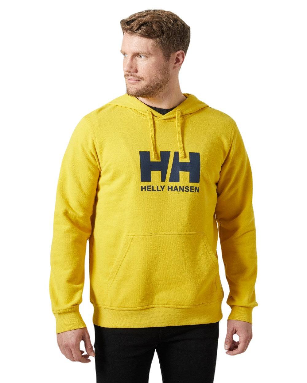 Gold Rush Coloured Helly Hansen Mens Logo Hoodie On A White Background 