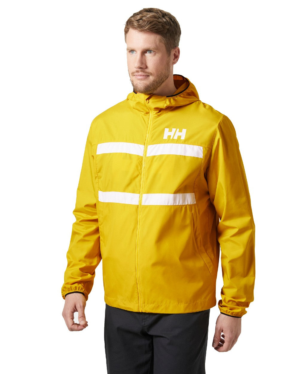 Gold Rush coloured Helly Hansen Mens Salt Striped Windbreaker Jacket on white background 