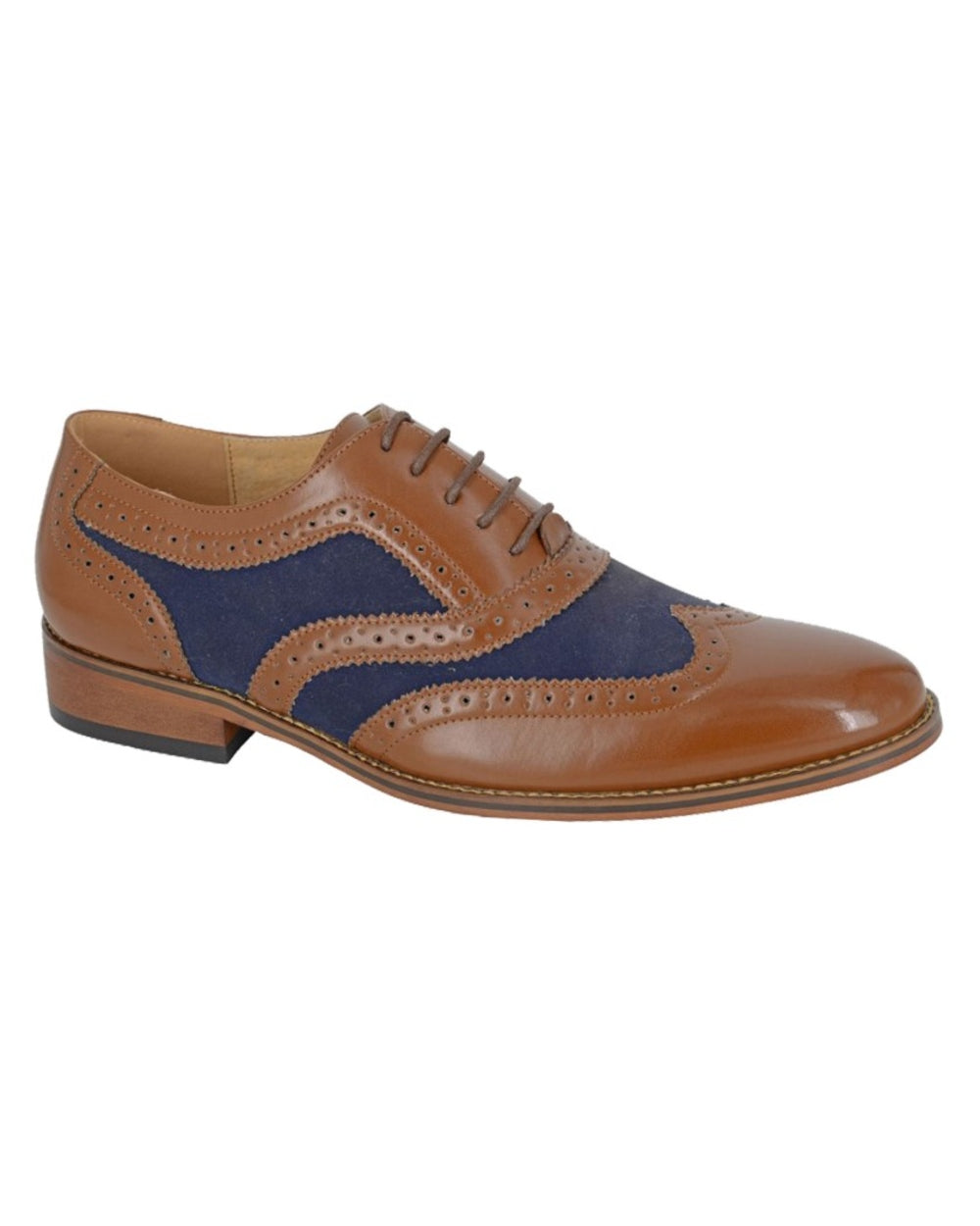 Tan Navy coloured Goor Mens Synthetic Suede 5 Eye Brogue Oxford Shoes on white background 