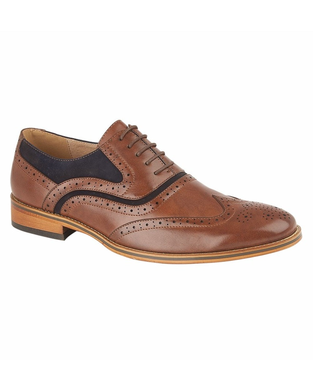 Dark Tan Navy coloured Goor Mens Synthetic Suede 5 Eyelet Brogue Oxford Shoes on white background 