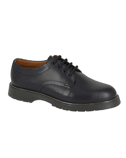 Black coloured Grafters 4 Eyelet Smooth Leather Uniform Shoes on white background 