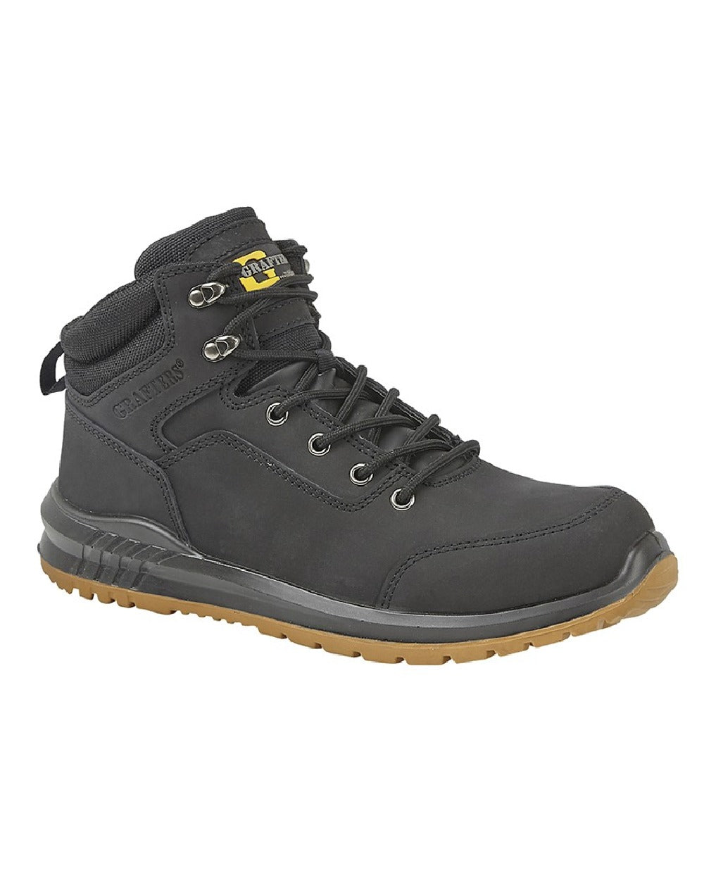 Black coloured Grafters Action Nubuck Safety Ankle Boots on white background 