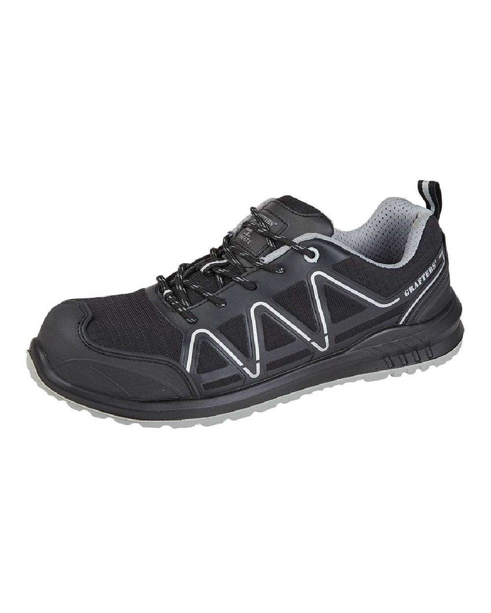 Black coloured Grafters Fully Composite Overlaid Mesh Non Metal Safety Trainers on white background 