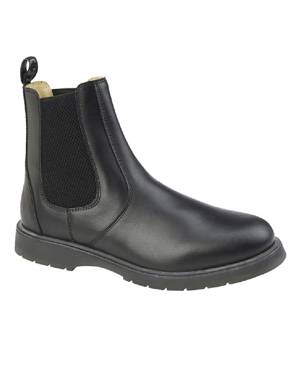 Black coloured Grafters Gusset Chelsea Boots on white background 