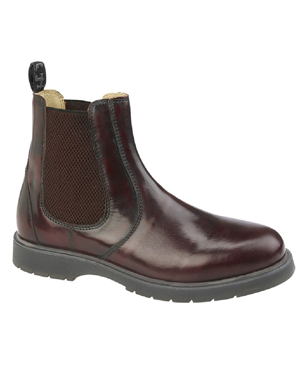 Burgundy coloured Grafters Gusset Chelsea Boots on white background 